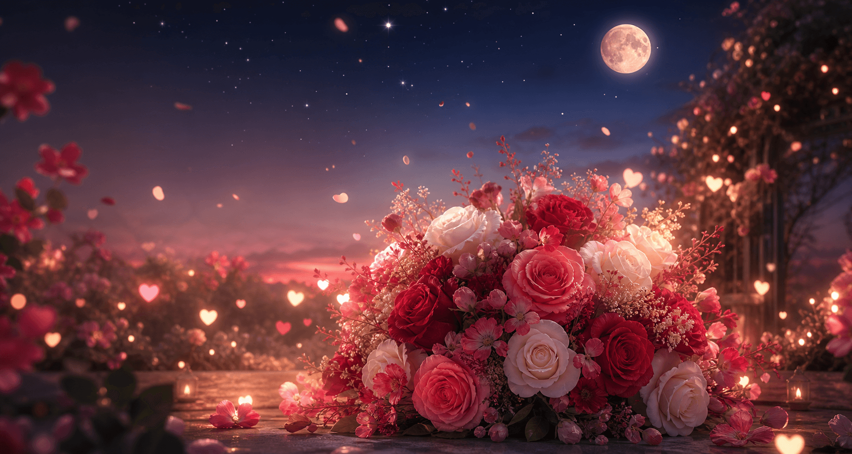A dreamy blooming bouquet in a glowing night garden